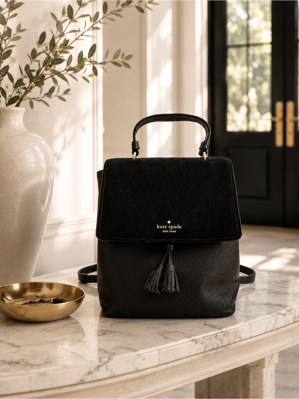 Kate Spade Hayes Medium Flap Backpack | Black Pebbled Leather | Suede Trim